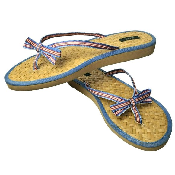 J. Crew Red White Blue Ribbon Bow Basket Weave Insole Flip Flop Sandals Sz 8 - Picture 1 of 10